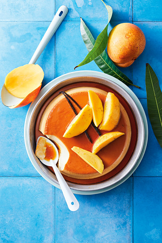 Creme caramel with mango mojito syrup