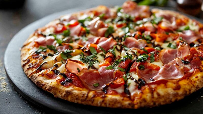 Prosciutto Pizza with Roasted Red Peppers, Mozzarella, and Balsamic Glaze