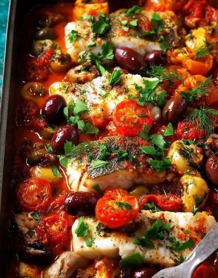 Puttanesca fish tray bake
